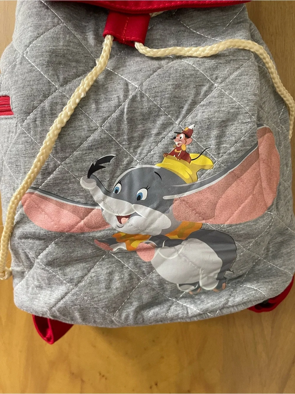 Disney Parks Dumbo Quilted Drawstring Backpack in Gray and Red Small